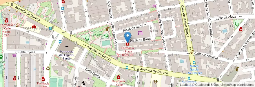 Mapa de ubicacion de Farmacia - Plaza Bami 26 en Spanien, Autonome Gemeinschaft Madrid, Autonome Gemeinschaft Madrid, Área Metropolitana De Madrid Y Corredor Del Henares, Madrid.