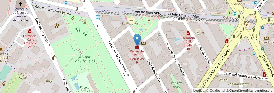 Mapa de ubicacion de Farmacia - Plaza Peñuelas 9 en Spanien, Autonome Gemeinschaft Madrid, Autonome Gemeinschaft Madrid, Área Metropolitana De Madrid Y Corredor Del Henares, Madrid.
