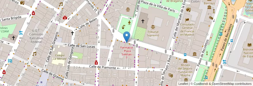 Mapa de ubicacion de Farmacia - Plaza Salesas 7 en Espanha, Comunidade De Madrid, Comunidade De Madrid, Área Metropolitana De Madrid Y Corredor Del Henares, Madrid.