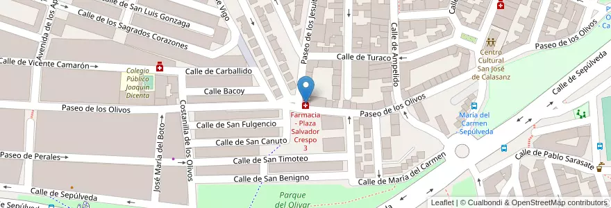 Mapa de ubicacion de Farmacia - Plaza Salvador Crespo 3 en اسپانیا, بخش خودمختار مادرید, بخش خودمختار مادرید, Área Metropolitana De Madrid Y Corredor Del Henares, مادرید.