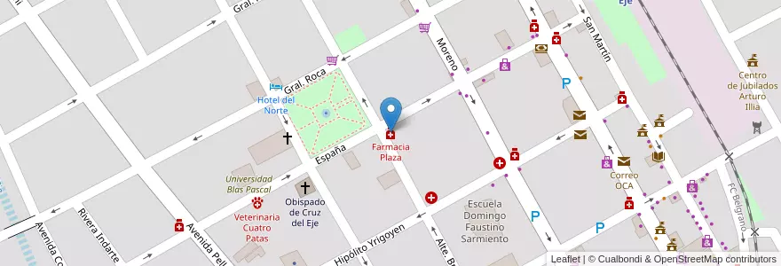 Mapa de ubicacion de Farmacia Plaza en アルゼンチン, コルドバ州, Departamento Cruz Del Eje, Municipio De Cruz Del Eje, Pedanía Cruz Del Eje, Cruz Del Eje.