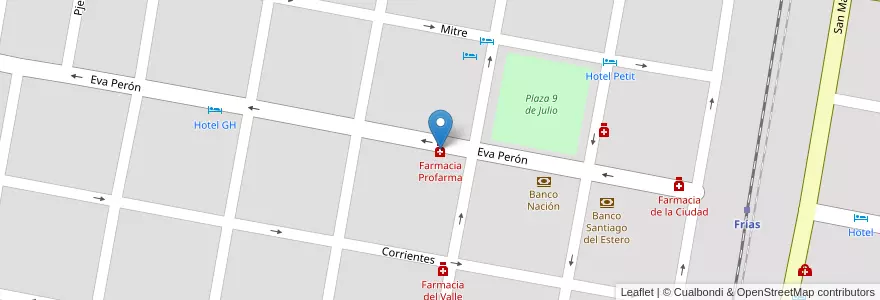 Mapa de ubicacion de Farmacia Profarma en アルゼンチン, サンティアゴ・デル・エステロ州, Departamento Choya, Frías.