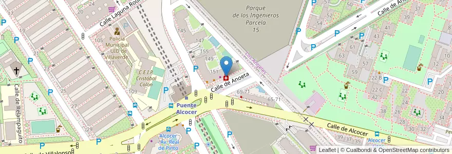 Mapa de ubicacion de Farmacia Puente Alcocer en اسپانیا, بخش خودمختار مادرید, بخش خودمختار مادرید, Área Metropolitana De Madrid Y Corredor Del Henares, مادرید.
