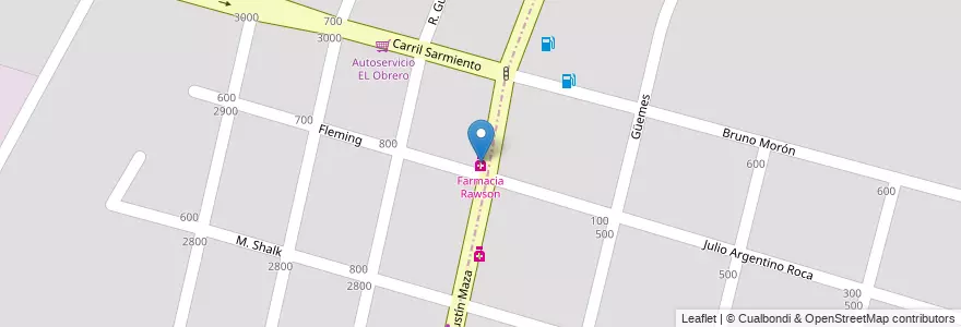 Mapa de ubicacion de Farmacia Rawson en Argentinien, Chile, Mendoza, Departamento Maipú, Distrito Luzuriaga, Maipú.