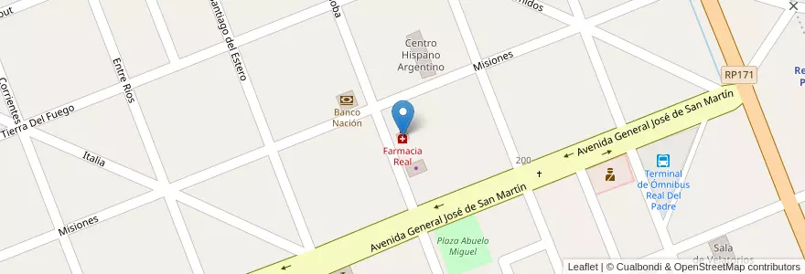 Mapa de ubicacion de Farmacia Real en アルゼンチン, チリ, メンドーサ州, Departamento San Rafael, Distrito Real Del Padre.