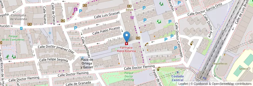 Mapa de ubicacion de Farmacia Riera Astarloa en 스페인, Comunidad De Madrid, Comunidad De Madrid, Área Metropolitana De Madrid Y Corredor Del Henares, Coslada.