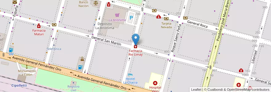 Mapa de ubicacion de Farmacia Rio Limay en آرژانتین, شیلی, استان ریو نگرو، آرژانتین, Cipolletti, Departamento General Roca.