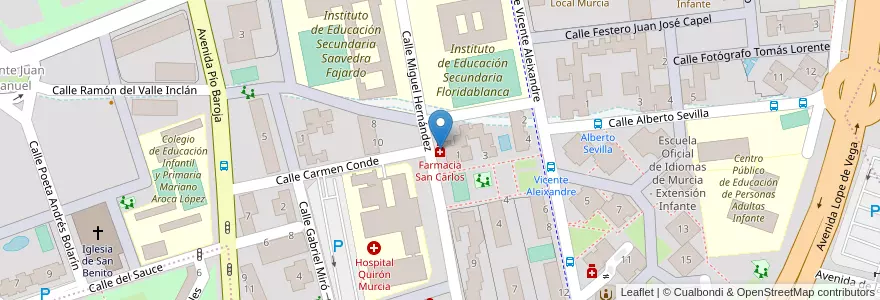 Mapa de ubicacion de Farmacia San Carlos en スペイン, ムルシア州, ムルシア州, Área Metropolitana De Murcia, Murcia.