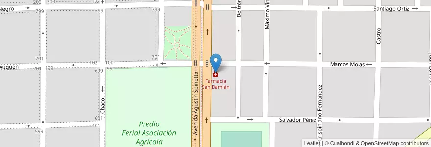 Mapa de ubicacion de Farmacia San Damián en Arjantin, La Pampa, Municipio De Santa Rosa, Departamento Capital, Santa Rosa.