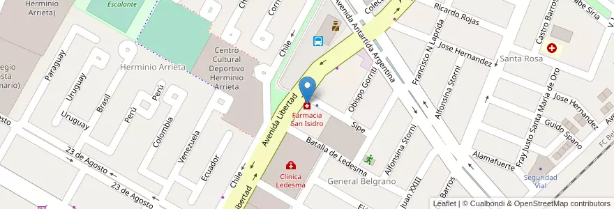 Mapa de ubicacion de Farmacia San Isidro en Аргентина, Жужуй, Departamento Ledesma, Municipio De Libertador General San Martín, Libertador General San Martín.