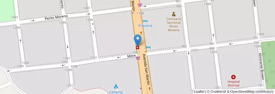 Mapa de ubicacion de Farmacia San Jorge en アルゼンチン, サンタクルス州, チリ, Lago Buenos Aires, Perito Moreno, Perito Moreno.