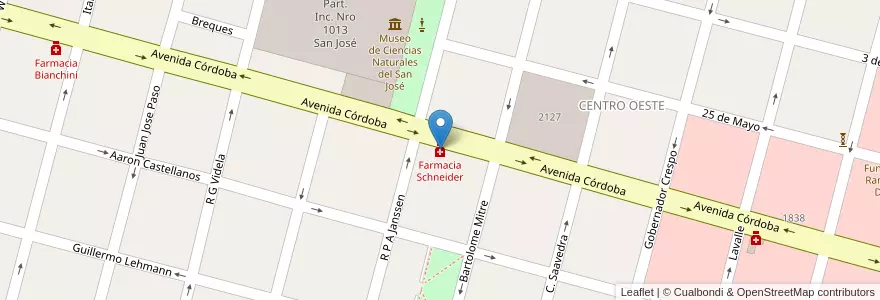 Mapa de ubicacion de Farmacia Schneider en Argentina, Santa Fe, Departamento Las Colonias, Municipio De Esperanza, Esperanza.