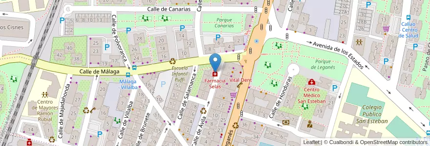 Mapa de ubicacion de Farmacia Selas en スペイン, マドリード州, Comunidad De Madrid, Área Metropolitana De Madrid Y Corredor Del Henares, Fuenlabrada.
