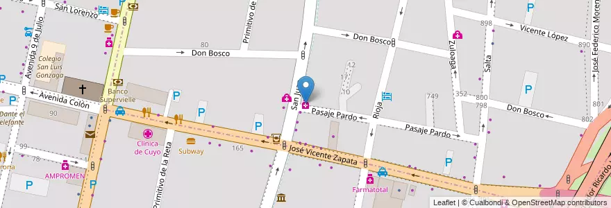 Mapa de ubicacion de farmacia SMATA en アルゼンチン, チリ, メンドーサ州, Departamento Capital, Sección 3ª Parque O'Higgins, Ciudad De Mendoza, Sección 2ª Barrio Cívico.
