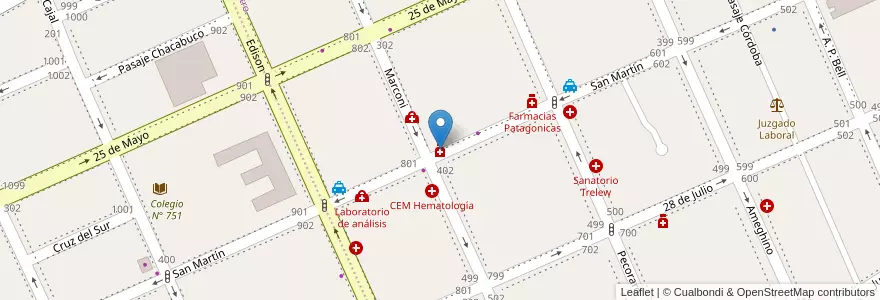 Mapa de ubicacion de Farmacia Social en アルゼンチン, チュブ州, Trelew, Departamento Rawson.