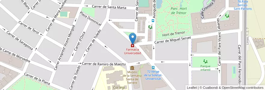 Mapa de ubicacion de Farmacia Universidad en スペイン, バレンシア州, València / Valencia, L'Horta Oest, Torrent.