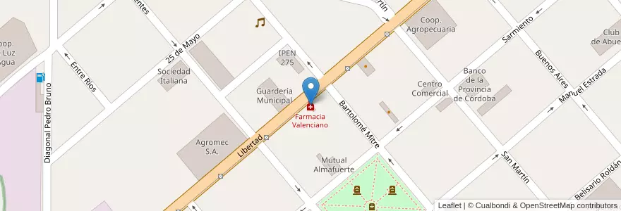 Mapa de ubicacion de Farmacia Valenciano en Argentinië, Córdoba, Departamento Río Segundo, Pedanía Calchín, Municipio De Pozo Del Molle, Pozo Del Molle.