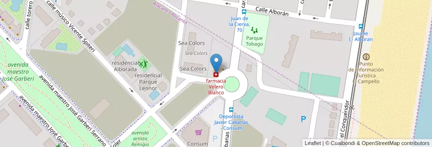 Mapa de ubicacion de farmacia Velero Blanco en 西班牙, Comunitat Valenciana, Alacant / Alicante, L'Alacantí.