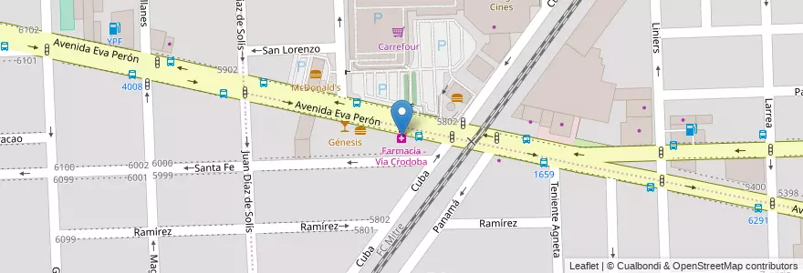 Mapa de ubicacion de Farmacía Vía Cŕodoba en 아르헨티나, Santa Fe, Departamento Rosario, Municipio De Rosario, 로사리오.