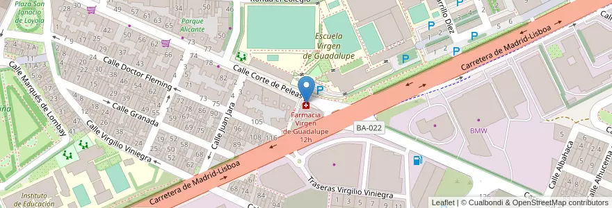 Mapa de ubicacion de Farmacia Virgen de Guadalupe 12h en スペイン, エストレマドゥーラ州, バダホス, Tierra De Badajoz, バダホス.