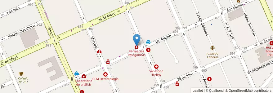 Mapa de ubicacion de Farmacias Patagonicas en الأرجنتين, شوبوت, Trelew, Departamento Rawson.