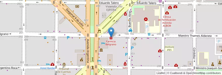 Mapa de ubicacion de Farmcia Belgrano en Arjantin, Şili, Neuquén, Departamento Confluencia, Municipio De Neuquén, Neuquén.