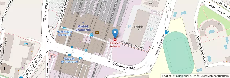 Mapa de ubicacion de  Farnacia 24 horas en اسپانیا, بخش خودمختار مادرید, بخش خودمختار مادرید, Área Metropolitana De Madrid Y Corredor Del Henares, مادرید.