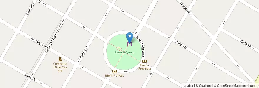 Mapa de ubicacion de Feria Artesanias Plaza Belgrano, City Bell en الأرجنتين, بوينس آيرس, Partido De La Plata, City Bell.