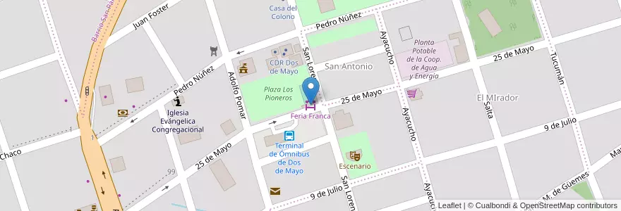 Mapa de ubicacion de Feria Franca en الأرجنتين, Misiones, Departamento Cainguás, Municipio De Dos De Mayo, Dos De Mayo.