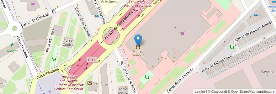 Mapa de ubicacion de Filmax Gran Via en إسبانيا, كتالونيا, برشلونة, بارسلونس, L'Hospitalet De Llobregat.