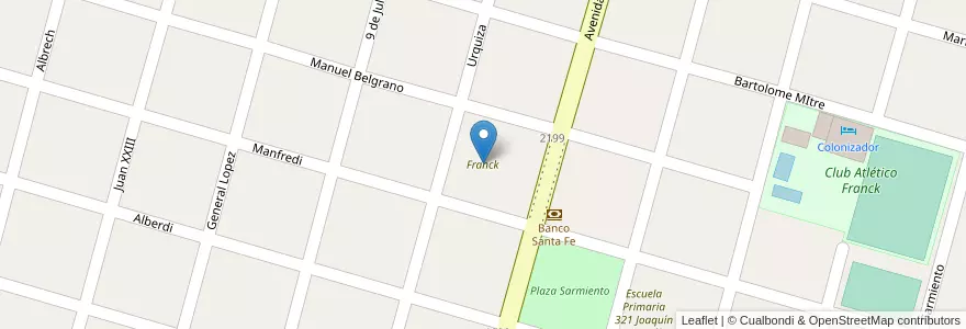 Mapa de ubicacion de Franck en Arjantin, Santa Fe, Departamento Las Colonias, Municipio De Franck, Franck.
