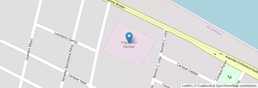 Mapa de ubicacion de Frigorífico Faimali en آرژانتین, شیلی, استان سانتا کروس، آرژانتین, Güer Aike, Municipio De Río Gallegos.