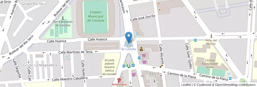 Mapa de ubicacion de Fuente de Castalia en スペイン, バレンシア州, Castelló / Castellón, La Plana Alta, Castelló De La Plana.