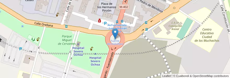 Mapa de ubicacion de Fuente del Hidróforo en スペイン, マドリード州, Comunidad De Madrid, Área Metropolitana De Madrid Y Corredor Del Henares, Leganés.