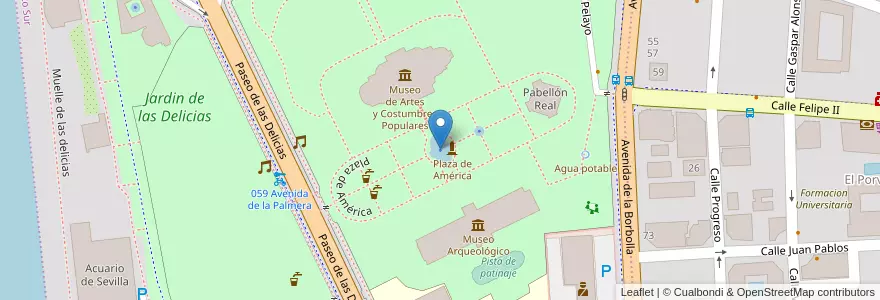 Mapa de ubicacion de Fuente Plaza de América en スペイン, アンダルシア州, Sevilla, セビリア.