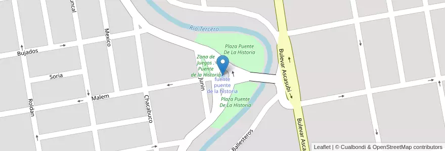 Mapa de ubicacion de fuente puente de la historia en Arjantin, Córdoba, Departamento Unión, Pedanía Bell Ville, Municipio De Bell Ville, Bell Ville.