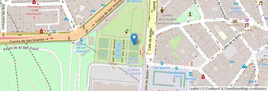 Mapa de ubicacion de Fuentes gemelas de los jardines de Sabatini en España, Comunidad De Madrid, Comunidad De Madrid, Área Metropolitana De Madrid Y Corredor Del Henares, Madrid.