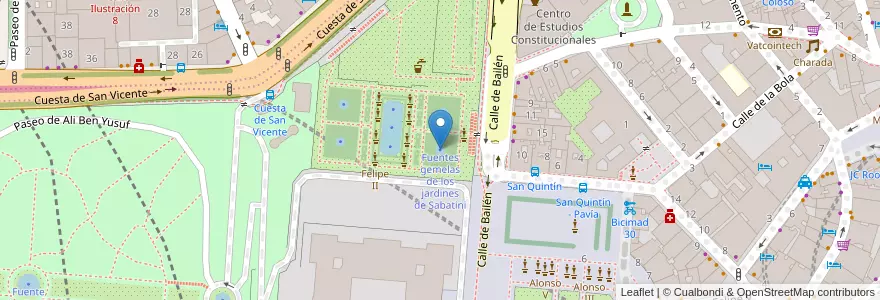 Mapa de ubicacion de Fuentes gemelas de los jardines de Sabatini en Spanje, Comunidad De Madrid, Comunidad De Madrid, Área Metropolitana De Madrid Y Corredor Del Henares, Madrid.