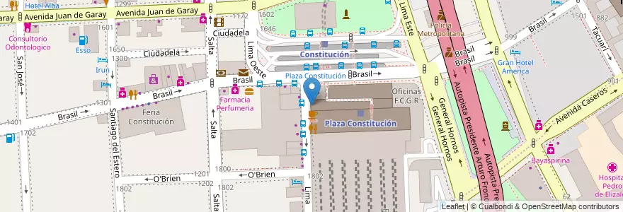 Mapa de ubicacion de Gauchito Grill Express, Constitucion en Argentina, Ciudad Autónoma De Buenos Aires, Comuna 4, Comuna 1, Buenos Aires.