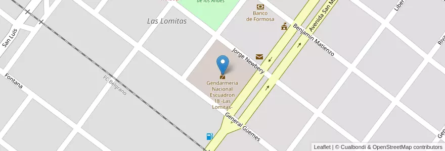 Mapa de ubicacion de Gendarmeria Nacional Escuadron 18 -Las Lomitas- en アルゼンチン, フォルモサ州, Departamento Patiño, Municipio De Las Lomitas, Las Lomitas.