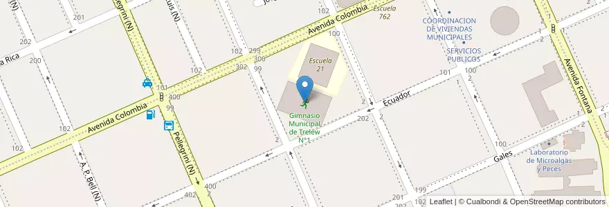 Mapa de ubicacion de Gimnasio Municipal de Trelew N°1 en アルゼンチン, チュブ州, Trelew, Departamento Rawson.