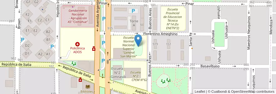 Mapa de ubicacion de Gimnasio San Martín en 아르헨티나, 칠레, 네우켄주, Departamento Confluencia, Municipio De Neuquén, Neuquén.