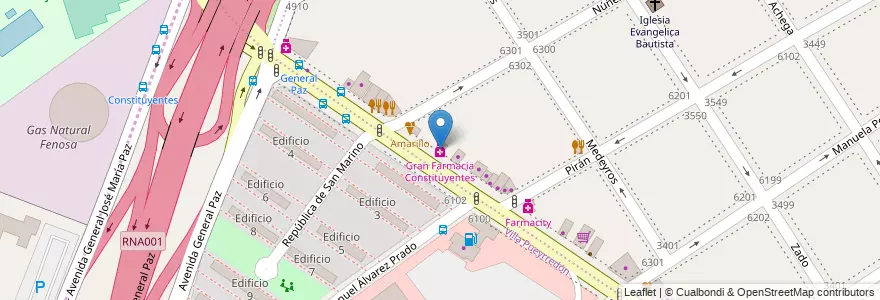 Mapa de ubicacion de Gran Farmacia Constituyentes, Villa Urquiza en 아르헨티나, Ciudad Autónoma De Buenos Aires, Comuna 12, 부에노스아이레스.