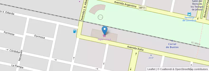 Mapa de ubicacion de Hiper Unico en Argentina, Córdoba, Departamento Marcos Juárez, Pedanía Liniers, Municipio De Corral De Bustos, Corral De Bustos.