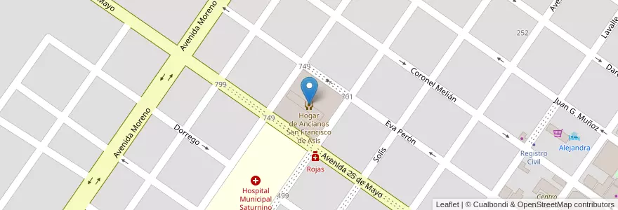 Mapa de ubicacion de Hogar de Ancianos San Francisco de Asis en Arjantin, Buenos Aires, Partido De Rojas, Rojas.