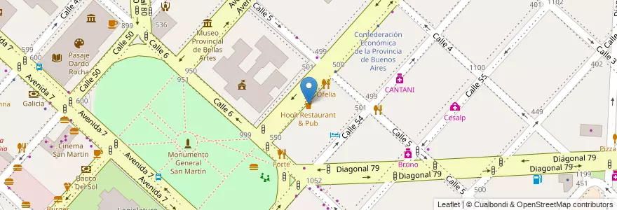 Mapa de ubicacion de Hook Restaurant & Pub, Casco Urbano en 阿根廷, 布宜诺斯艾利斯省, Partido De La Plata, La Plata.