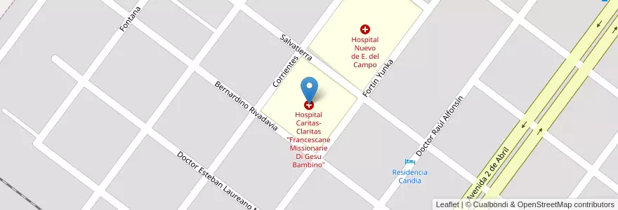 Mapa de ubicacion de Hospital Caritas-Claritas “Francescane Missionarie Di Gesu Bambino" en アルゼンチン, フォルモサ州, Departamento Patiño, Municipio De Estanislao Del Campo, Estanislao Del Campo.