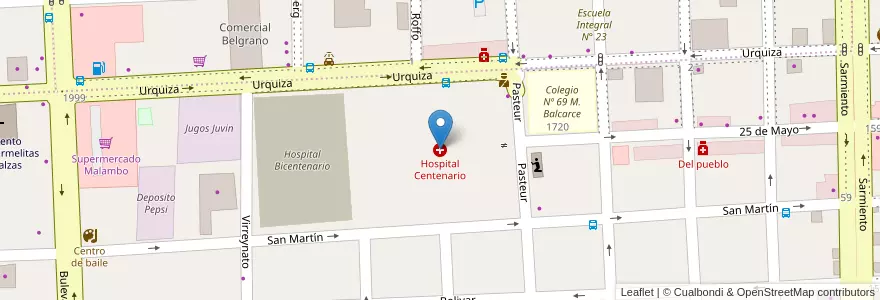 Mapa de ubicacion de Hospital Centenario en アルゼンチン, エントレ・リオス州, Departamento Gualeguaychú, Gualeguaychú, Gualeguaychú, Distrito Costa Uruguay Sur.