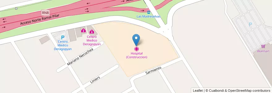 Mapa de ubicacion de Hospital (Construccion) en Arjantin, Buenos Aires, Partido Del Pilar, Pilar.
