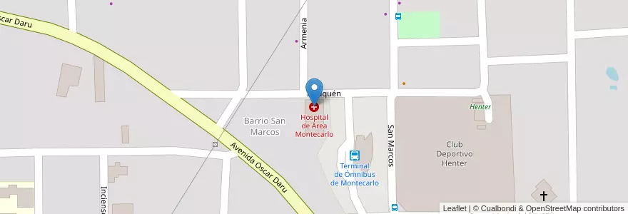 Mapa de ubicacion de Hospital de Área Montecarlo en アルゼンチン, ミシオネス州, Departamento Montecarlo, Municipio De Montecarlo, Montecarlo.